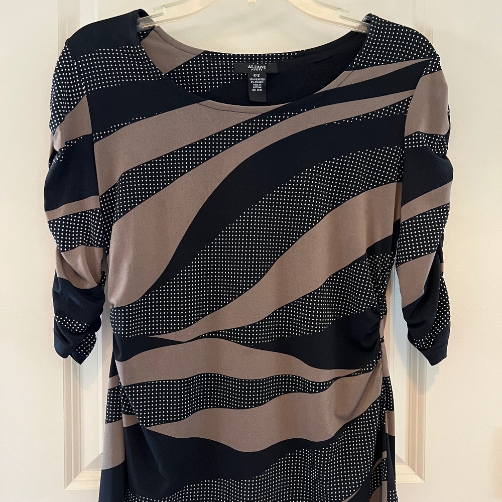 Alfani Petite Black Polka Dot & Tan Blouse, Size P/S